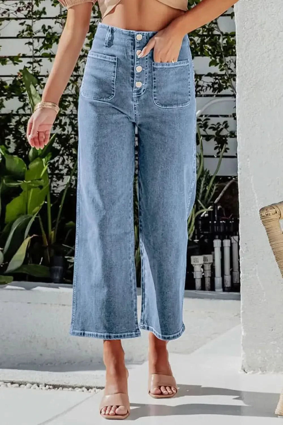 Button Fly Cropped Wide Leg Jeans - SwagglyLife Home & Fashion
